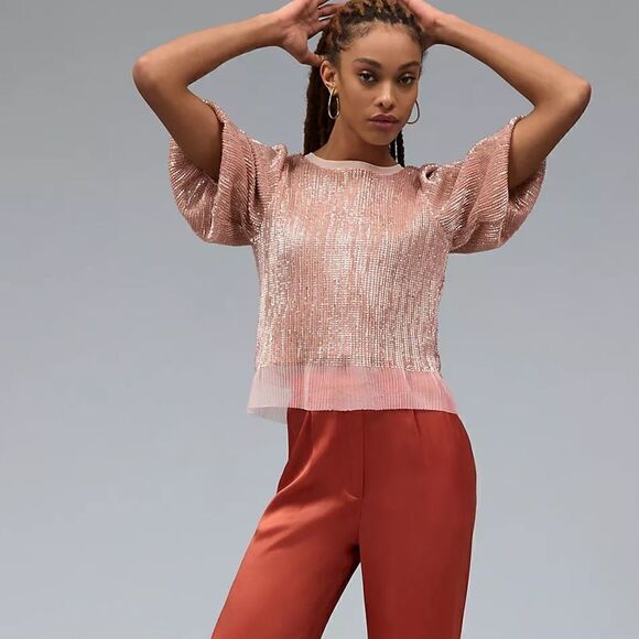 Anthropologie Sarah Hann Sequined Puff Sleeve Top NWT - Picture 6 of 16